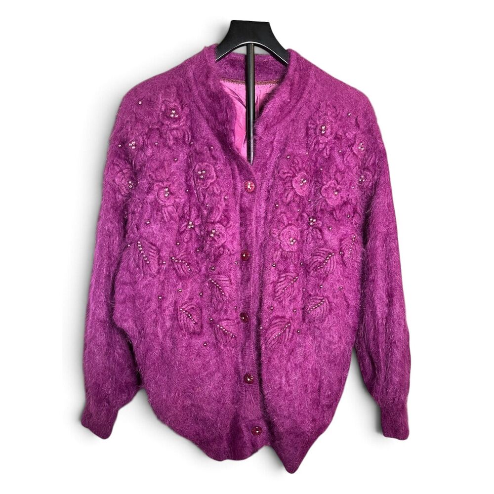 Young Jin Vintage 80% Angora Cardigan Purple Floral Beaded Sweater Korea